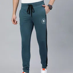 The Indian Garage Co Men Men Teal Green Solid Regular Fit Joggers with Side Stripe Detail-image-9