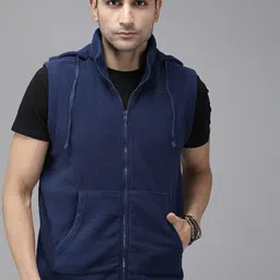 The Roadster Lifestyle Co Men Navy Blue Solid Polar Fleece Hooded Sweatshirt-image-36
