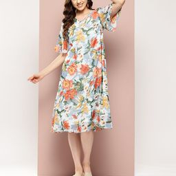 Qurvii Floral Print Flared Sleeves Georgette A-Line Dress-image-41