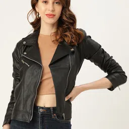 Leather Retail Women Black Solid Asymmetric Closure Leather Biker Jacket-image-93