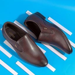 Mochi Men Maroon Solid Leather Formal Slip on Shoes-picture-0