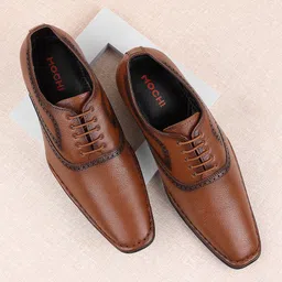 Mochi Men Tan Brown Textured Leather Formal Oxfords-image-85