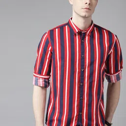 BEAT LONDON by PEPE JEANS Men Red & Navy Blue Pure Cotton Slim Fit Striped Casual Shirt-image-40