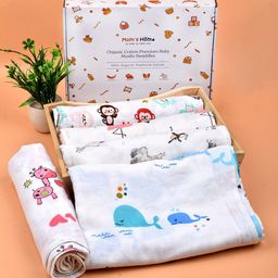 Moms Home Infants Set of 5 Printed Organic Cotton Supersoft Baby Muslin Swaddles-14
