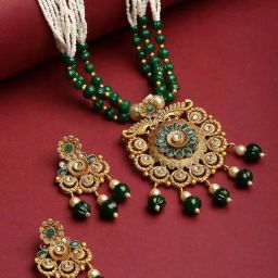 Panash Gold Plated Green & White Stone Studded & Pearl Beaded Jewellery Set-12