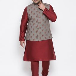 KISAH PLUS Men Maroon Solid Kurta Set with Jacket-picture-14