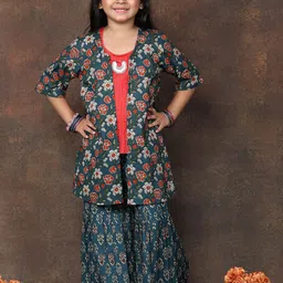 Here&Now X Kinder Kids Girls Floral Printed Pure Cotton Kurti with Sharara & jacket-picture-47