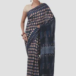 Kalakari India Blue Cotton Printed Saree With Unstitched Blouse-image-53