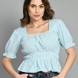 PRETTY LOVING THING Checked Puff Sleeves Cinched Waist Cotton Crop Top-image-73