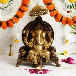 eCraftIndia Lord Ganesha Sitting on a Throne With Chhatri Antique Look Handcrafted Premium Brass Idol-image-20