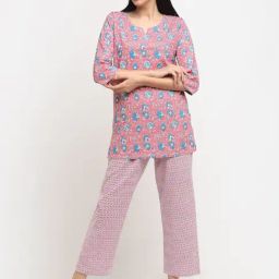 NEUDIS Pink Cotton Floral Print Tunic Pyjama Set-image-72
