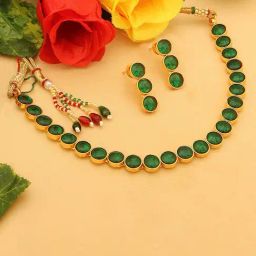 Peora Gold-Plated Green Choker Necklace with Drop Earrings Traditional Jewellery Set-image-48