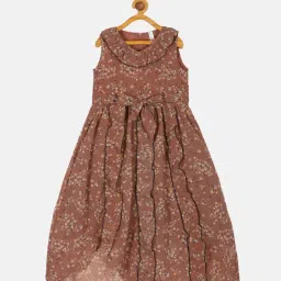 Kiddopanti Kids Brown Floral Print Dress-image-91