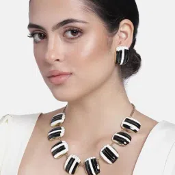 Estele Gold-Plated Piano Designed Black & White Enamel Necklace Set for Women-image-30