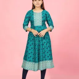 Aarika Kids Teal Blue Cotton Floral Print Kurti-picture-22