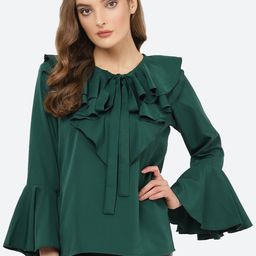 Indietoga Green Tie-Up Neck Ruffles Crepe Top-picture-14