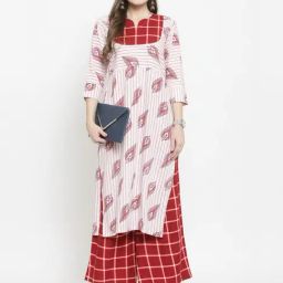 Indibelle White & Maroon Printed Straight Kurta-image-82