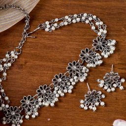 TEEJH Oxidised Silver-Plated & White Pearls-Studded Anjali Floral Jewellery Set-2