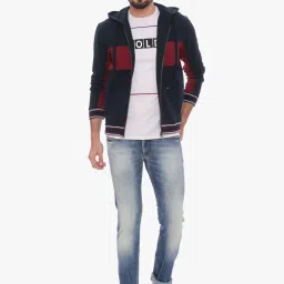 Basics Navy & Red Slim Fit Colour Block Hooded Jacket image 5