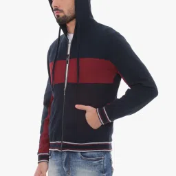 Basics Navy & Red Slim Fit Colour Block Hooded Jacket image 3