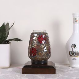 Aura Red & Grey Textured Bell Shaped Glass Table Lamp with Wooden Base-picture-44