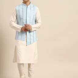 KISAH Men Off White Solid Kurta with Churidar & Nehru Jacket-picture-53