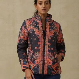 aarke Ritu Kumar Navy & Orange Floral Print Quilted Jacket-picture-20