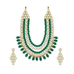 Peora Green Gold-Plated Kundan Long Necklace & Drop Earrings Traditional Jewellery Set-image-53