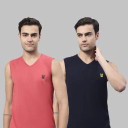 Vimal Jonney Pink & Dark Navy Sleeveless Lounge T-Shirt - Pack of 2-image-96