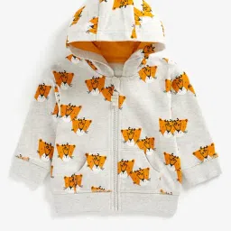 Mothercare Kids Light Grey & Mustard Printed Full Sleeves Hooded Sweatshirt-image-63