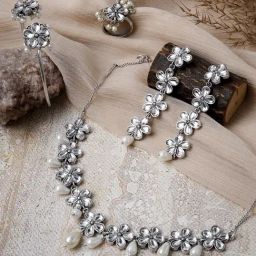 Teejh Ankushi Polki Stone Silver Oxidised Jewellery Set-image-1