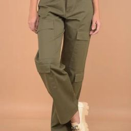 Crimsoune Club Olive Cotton Relaxed Fit Mid Rise Cargo Trousers-image-5