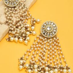 Zaveri Pearls Antique Gold Tone Kundan & Pearls Chain Fringe Drop Earrings-ZPFK10136-26