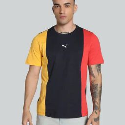 Puma Blue Cotton Regular Fit Colour Block Sports T-Shirt-image-53