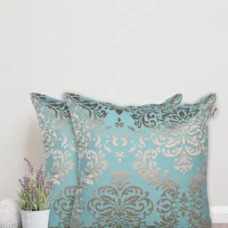 Home Turquoise Blue & Gold-Toned Set of 2 Ethnic Motifs Square Cushion Covers-55
