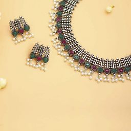 TEEJH Oxidized Silver-Plated & Magenta Stone-Studded Beaded Jewellery Set-4