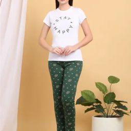 Sweet Dreams White & Green Cotton Printed T-Shirt With Pyjamas-image-39