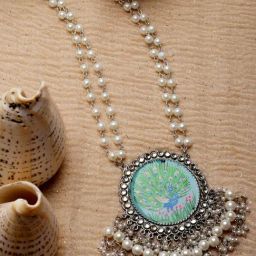 Moedbuille Crystals & Pearls Studded Handpainted Meenakari Work Silver Plated Tasselled Necklace-image-6