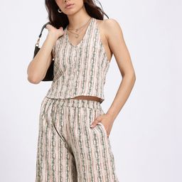 glitchez Aesthetic Avenue Printed Seersucker Halter Neck Top Flared Co-Ords-picture-13