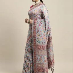 AYKA CLOTHINGS Powder Blue Cotton Woven Saree With Unstitched Blouse-image-18