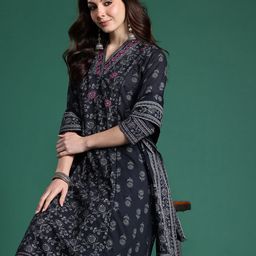 Indo Era Floral Printed Pure Cotton Kurta with Trousers & Dupatta-22