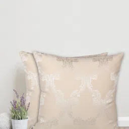 Home Cream-Coloured & Silver-Toned Set of 2 Ethnic Motifs Square Cushion Covers-49