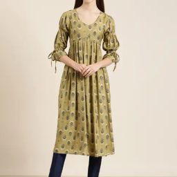 SHOWOFF Beige Cotton Floral Print Kurta-image-26