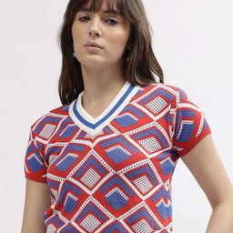 ELLE Women Printed V-Neck Slim Fit T-shirt-image-87