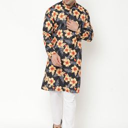 Hangup Men Black & Orange Floral Printed Kurta with Pyjamas-picture-11