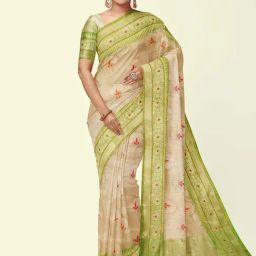 Banarasi Silk Works Beige & Green Cotton Woven Saree With Unstitched Blouse-picture-40