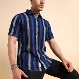 Dennis Lingo Blue Cotton Slim Fit Striped Shirt-image-56