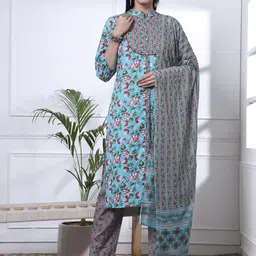 Yufta Women Floral Embroidered Regular Sequinned Pure Cotton Kurta with Trousers & Dupatta-image-3