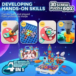 Wembley 4 in 1 Toy Drill Screw Tool Set for Kids 3 4 5 6 7+ 3D Puzzle Box STEM Learning DIY Building Block Kit Creativity Educational Construction Promotes Motor Skills - Space Theme image 4