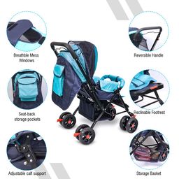BeyBee Reclining Baby Stroller/Pram for 0 to 3 Years with Mosquito Net, New Born/Toddler/Kid, 5 Point Safety Harness, Adjustable backrest,Storage Rack, Organizer Bag, Reversible Handlebar (Blue) image 3